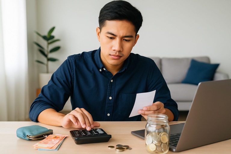 Photo of a young Filipino man budgeting at home with a calculator, paper receipt, coins, and laptop on the table.