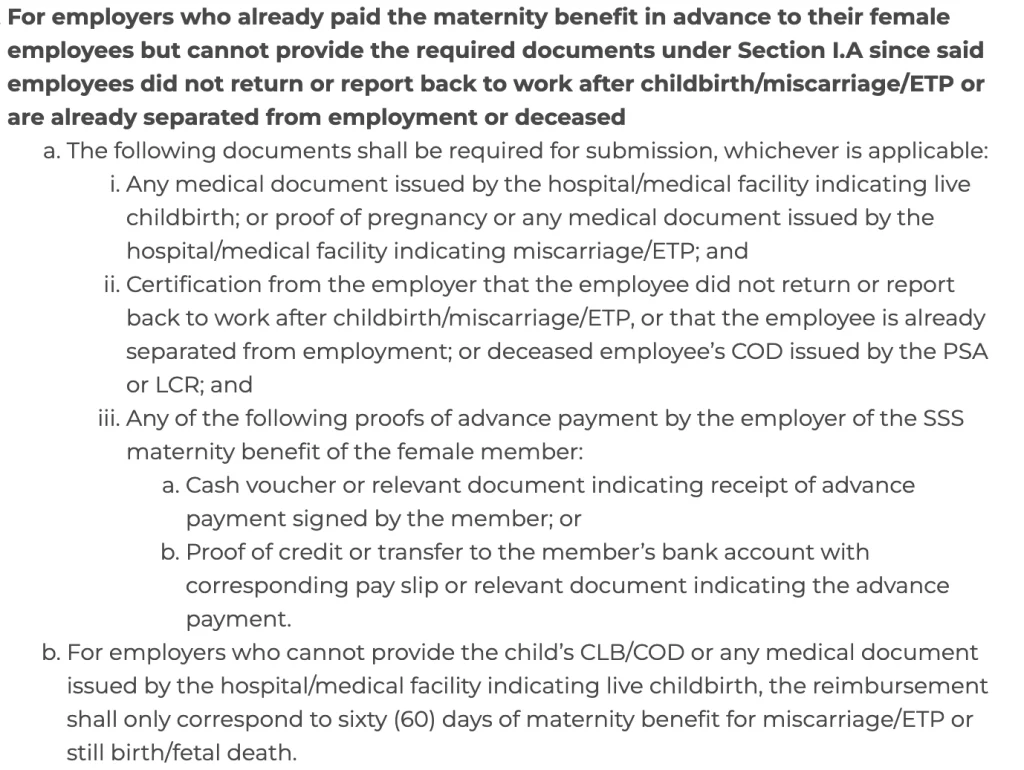 Requirements for employer reimbursement of SSS Maternity Benefit