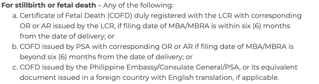 SSS Maternity Benefit Requirements for Stillbirth or Fetal Death