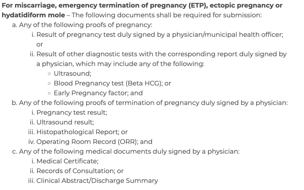 SSS Maternity Benefit Requirements for Miscarriage, ETP, etc.