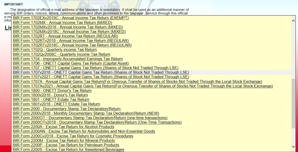 Sample forms listed in the eBIRForms dropdown.