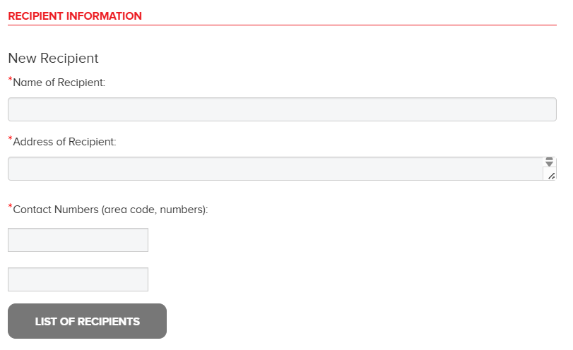 Mercury Order Online Recipient Info Form